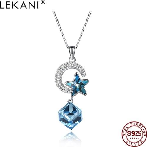 LEKANI Real 925 Sterling Silver Moon Star Necklace For Women Blue Square Austria Crystal Double Pendant Necklaces Fine Jewelry