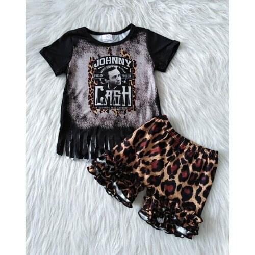 Summer new arrival outfit kid girl short sleeve shirt and ruffle shorts set girl characters outfit with tassel design