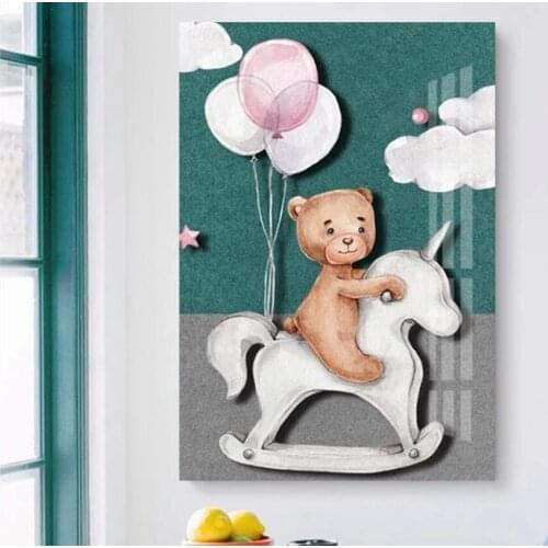 Bear Ride Hobbyhorse Animal Canvas Painting Nursery Child Poster Art Print Cartoon Wall Picture Nordic Kid Baby Bedroom Decor