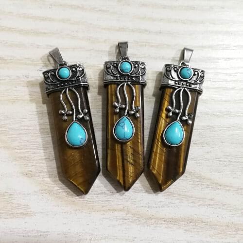Fashion retro Reiki natural tiger eye Stone Sword Pendants Pendulums for necklace Jewelry making 6pcs