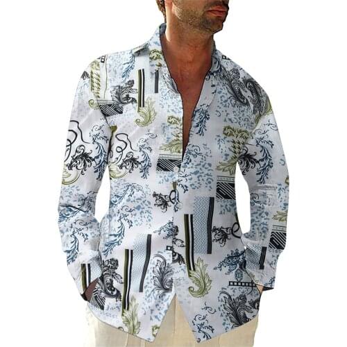Mens Printed Casual Lapel Shirts Summer Brief Single Breasted Blouses High Street Gothic Long Sleeve Cardigan Leisure Kimono