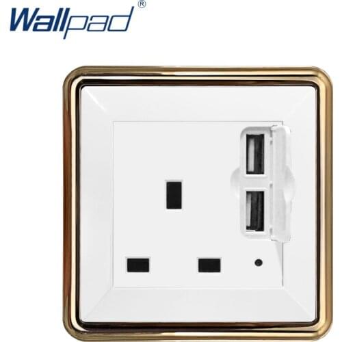 2019 Wallpad 2 USB 3 Pin UK 13A Socket Wall Electrical Power Socket Outlet Gold Panel DC 5V 2.4A