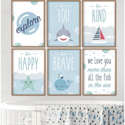 Whale Shark Quote Nursery Wall Art Canvas Painting Blue Sea Nordic Posters and Prints Wall Pictures for Girl Boy Kids Room Decor