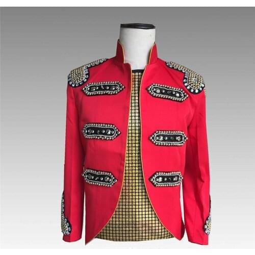 New Punk Jacket for Band Singer Costume Stage Nightclub DJ Coats Stand Collar Beaded Suit Mens Fashion Red Blazer