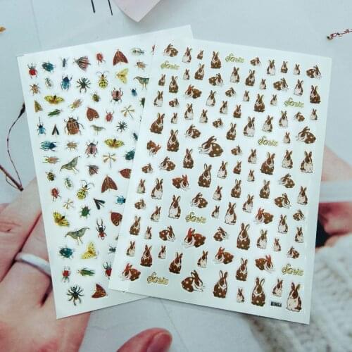Fashion New Arrival Hot Selling Light Thin Traceless Back Adhesive Glue Nail Stikers Bugs Butterflies Coffee Rabbits Nail Decals