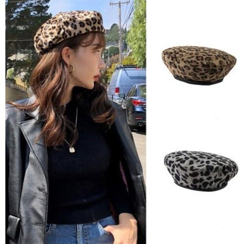 Autumn Winter Womens Leopard Retro Woolen Fashion Caps Elegant Ladies Literary Japanese Keep Warm Cap Hat Chapeau Berets Femme