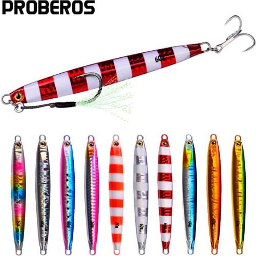 PROBEROS 5Pcs/set Long Metal Jig Fishing Lures 10g-20g-30g-40g-60g Slow Cast Jigging Spoon Artificial Shore Lead Metal Baits