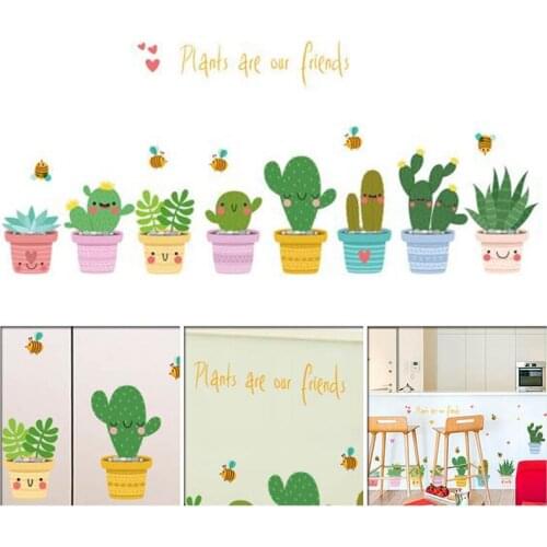 Cute Cartoon Cactus Potted Wall Sticker Living Room Background Decoration Mural Bedroom Decals Home Decor Stickers PVC Wallpaper