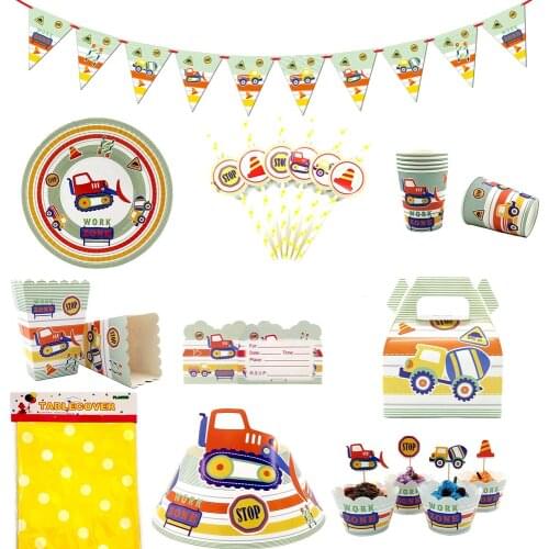 Construction Vehicles Bulldozer Theme Party Supplies Birthday Party Disposable Tablecloth Tableware Deco Candy Cake Box Balloon