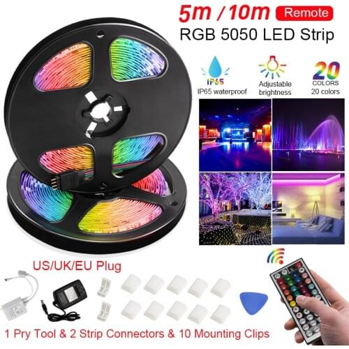 5M/10M RGB LED Strip Light 5050 SMD Tape DC 12V Waterproof RGB LED Lamp with Remote Control US/UK/EU Plug