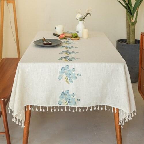 Cozy Home Table Cloth Flower Embroidery Dining Desk Decoration Cover Rectangle Tablecloth Balcony Patio Table Cloth Cover Tassel