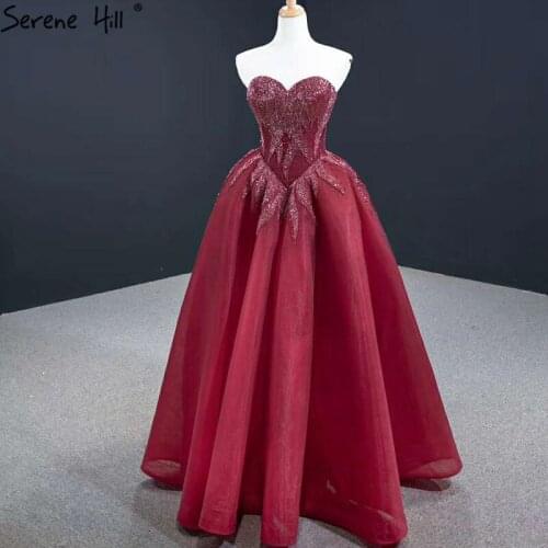 Wine Red A-Line Sexy Sleeveless Evening Dress 2020 Beading Crystal Off Shoulder Formal Dress Women Elegant Serene Hill BHM67146