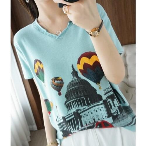 Ladies T-shirt 2021 summer new style pure cotton top short-sleeved casual V-neck knitted sweater pullover plus size womens tees