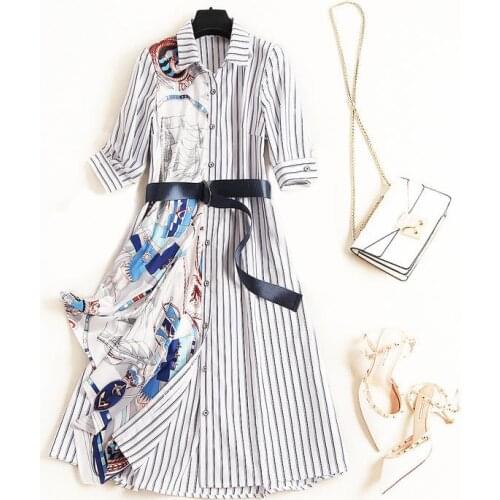 European and American womens wear 2020 summer new style Five - minute sleeve lapel stripe scarf print Fashion belt dress