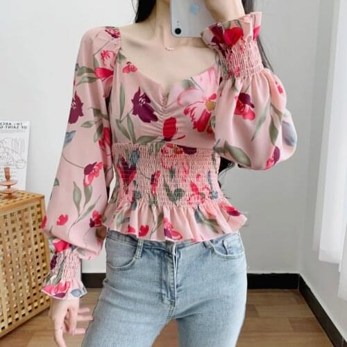 #8243 Summer Tops For Women 2021 Floral Printed Chiffon Blouse Long Sleeve Vintage Sexy V Neck Short Blouse Femme Stretch Waist