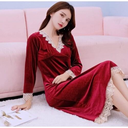 Golden Velvet Sleepwear Lady Autumn Long Skirt Thin Princess Wind Palace Sweet Long-Sleeved Nightgown Lady Winter Korean Version