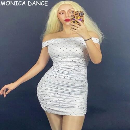 Fashion Nightclub Sexy Stage Women Off Shoulder Dress Bodycon Mini Slash Neck Dress Sleeveless Turtleneck Dance Costume