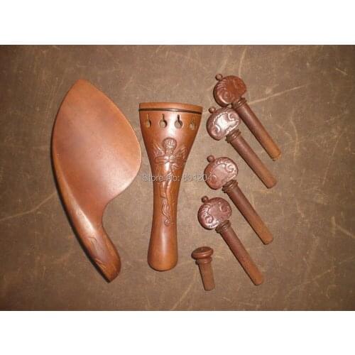 1 Set Carved Jujube Violin fitting 4/4 with pegs, end pin, tailpiece and chin rest without holes 0802
