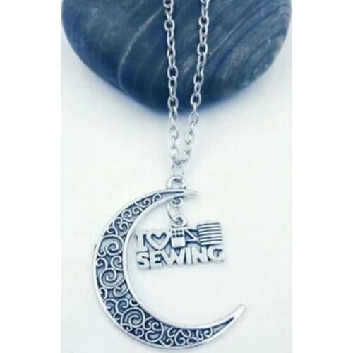 1pcs New Crescent Moon & I love sewing Pendant Charms Metal Chain Necklace ~ For Women New Fashion Jewelry Gift