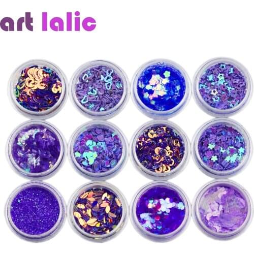 12Pcs Dark Blue Nail Art Laser Dot Foil Sequins Set Mermaid Style French Round Ultra Thin Paillette Decor Palette Slice