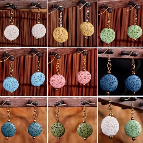 20mm Round Heart Colourful Lava Stone Aromatherapy Essential Oil Diffuser Earrings Jewelry Women Volcanic Rock Bronze Earrings