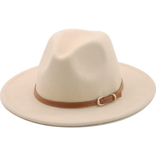 56-60cm White/BlackWide Brim Fedora Hat Women Men Imitation Wool Felt Hats with Metal Chain Decor Panama Jazz Chapeau hat