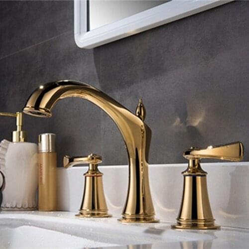 Basin Faucet Brass Black/Gold/Chrome Deck Mounted Bathroom Sink Basin Mixer Faucet 3 Hole Double Handle Hot and Cold Water Tap