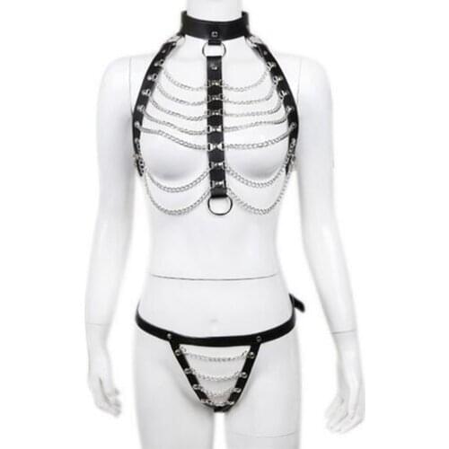 CamaTech PU Leather Sexy Collar Bondage With Metal Chain Thong Fetish Strappy Chains Restraint Harness & Briefs BDSM Adult Games
