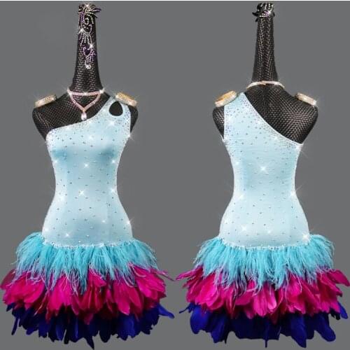 2021 Childrens Latin Dance Performance Competition Dress Blue Feather Womens Adult Sexy Professional High-end Dress