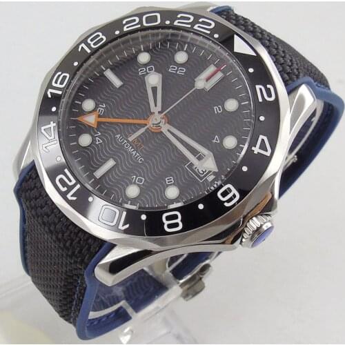41mm Sterile Dial GMT Date Self Winding Mens Watch Automatic Movement Sapphire Glass Rubber Strap Date Window