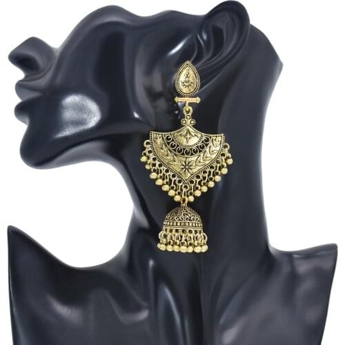 Ethnic Women Big Gold Dangle Vintage Drop Earrings Jhumka Indian Earrings Lantern Tassel Bell Pendant Indian Court Jewelry