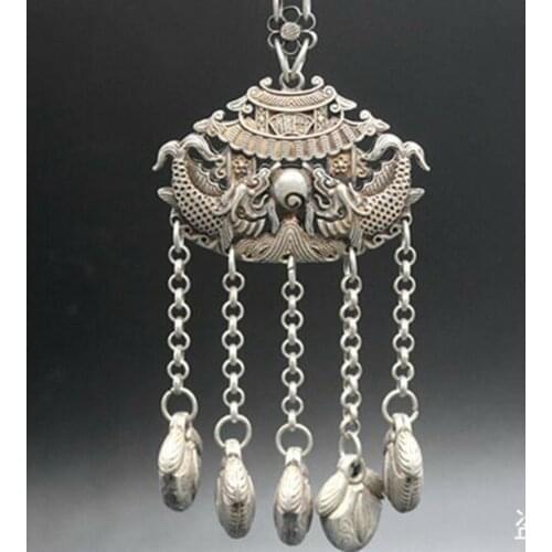 Exquisite Chinese Old Tibetan style white copper Carved Fish Pendant Gift