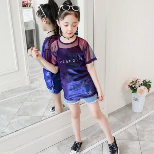 Individual Girls Perspective Yarn Clothing Set 3 Pcs Childrens Sequins Short-Sleeve Tops + Camisole + Holes Denim Shorts X428