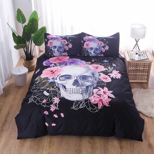 3D Sugar Skull and Floral Duvet Cover Set 3pcs Soft Bedclothes Flowers Printed Bedding Set Pink And Black Bed Cover