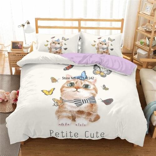 Cartoon Cute Cat Butterfly Bedding Set Creative Adult Children Deluxe Pillowcase with Duvet Cover 2/3 Piece Bedding Set