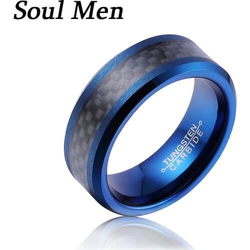Soul Men Brand Blue Color Woman Unisex Tungsten Carbide Ring 6mm Black Carbon Fiber Cool Jewelry Confort Fit Wedding Band
