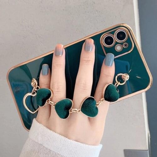 Plating Love Heart Chain Wrist Bracelet Phone Case For iPhone 11 12 Pro Max X XS XR 7 8 Plus Soft Cover For iPhone 11 12 Coque