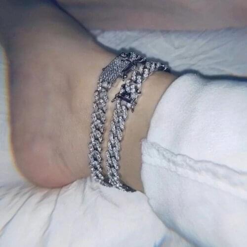 20cm Silver Color Cuban Chain Anklet Iced Out Rapper Jewelry for Women Bling Cuban Crystal Chain Beach Charm Foot Anklet Jewelry