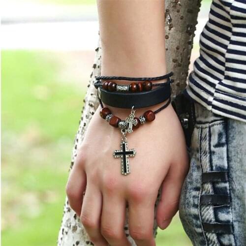 Popular Style Cross Adjustable Real Leather Rope Beads Bracelet Infinity Charms Bracelet Bangle For Women Men Unsex