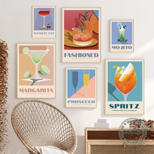 Nordic Fresh Wine Cocktail Whiskey Posters and Prints Mojito Margarita Spritz Canvas Painting Wall Art Pictures for Bar Kitchen