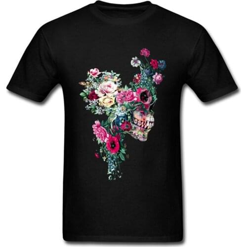 Awesome T-shirt Men Floral Skull T Shirt Nature Skulls Tshirts Flower Print Tops Black Tees Cotton Artist Sweatshirts Wholesale