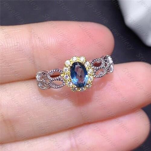 Natural London blue topaz ring 925 silver ladies ring two-color electroplating process elegant atmosphere