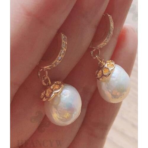 White Baroque Pearl Earring 18k Zircon Hook Accessories Irregular Real Aurora Cultured AAA Mesmerizing Women Jewelry Classic