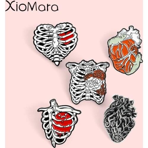 Skeleton Organ Enamel Pins Anatomical Heart Rose Brooches For Nurses And Doctors Black Punk Gothic Lapel Pin Badge Jewelry Gift