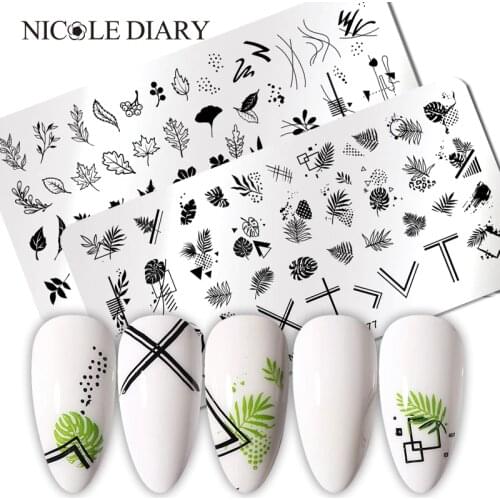 NICOLE DIARY Marple Leaf Nail Stamping Plates Line Stripe Image Transfer Stamp Templates Sexy Girl Printing Stencil Tool
