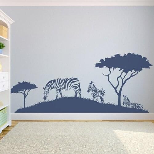 Zebra Safari Vinyl Wall Decal Sticker Tree Grass African Zoo Decal, Zebra Nursery Nature Room Decoration Z390