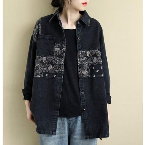 New Arrival Spring Arts Style Women Cotton Denim Long Sleeve Loose Shirts Patchwork Print Vintage Blouse Femme Long Tops