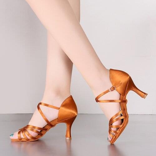 BDS Hot Selling Heel Silk Satin Latin Ballroom BD Dance Shoes Latin Style Women Dance Shoes