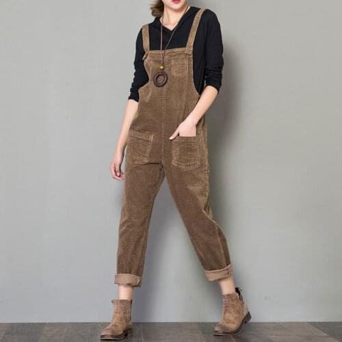 Women Casual Corduroy Jumpsuits Vintage Sleeveless Cloths Winter Solid Color Pockets Backless Overalls Female Bib Pants X9198