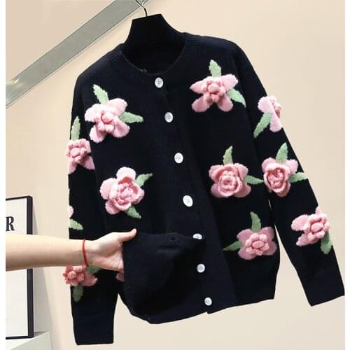 2020 Autumn And Winter Embroidery Floral Cardigan Women Loose O-neck Long Sleeve Sweater Vintage Tops